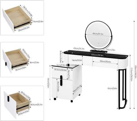 Rootz Deluxe Makeup Vanity - Dressing Table - Beauty Station - Adjustable LED Lighting - Spacious Storage - Sturdy Design - 100cm x 125cm x 40cm