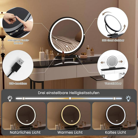 Rootz Deluxe Makeup Vanity - Dressing Table - Beauty Station - Adjustable LED Lighting - Spacious Storage - Sturdy Design - 100cm x 125cm x 40cm