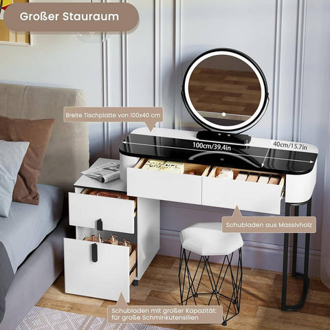 Rootz Deluxe Makeup Vanity - Dressing Table - Beauty Station - Adjustable LED Lighting - Spacious Storage - Sturdy Design - 100cm x 125cm x 40cm