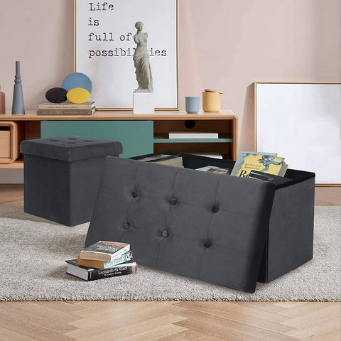 Rootz Foldable Storage Box - Ottoman Bench - Velvet Upholstery - 80L Capacity - 76cm x 38cm x 37.5cm - Max Load 300kg