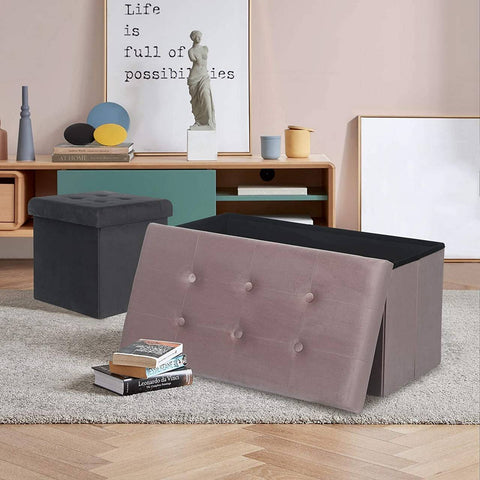 Rootz Velvet Storage Stool - Foldable Ottoman - Large Capacity - Elegant Design - 76cm x 38cm x 37.5cm