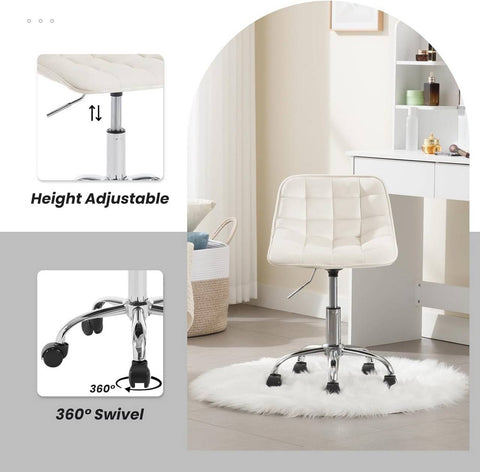 Rootz Office Stool - Ergonomic Work Chair - Velvet Swivel Chair - Comfortable, Adjustable, Durable - Cream White - 43cm x 60-67.5cm x 50cm