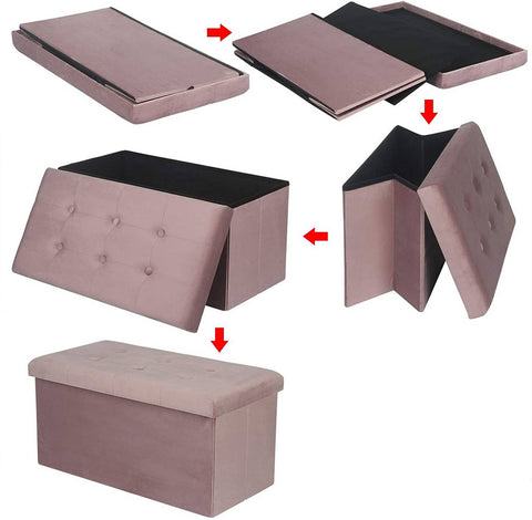 Rootz Velvet Storage Stool - Foldable Ottoman - Large Capacity - Elegant Design - 76cm x 38cm x 37.5cm