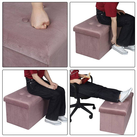 Rootz Velvet Storage Stool - Foldable Ottoman - Large Capacity - Elegant Design - 76cm x 38cm x 37.5cm
