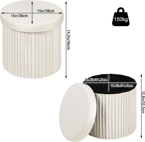 Rootz Storage Stool - Ottoman - Footstool - Soft & Robust - 38cm x 36cm - Cream/Light Gray - 30L Capacity - E1 MDF Frame - Velvet Cover