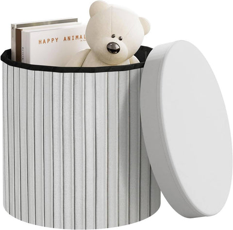 Rootz Round Velvet Storage Stool - Pouf Ottoman - Cream/Grey - Hidden Storage - Soft Padding - 38cm x 36cm - Elegant Ruffle Design
