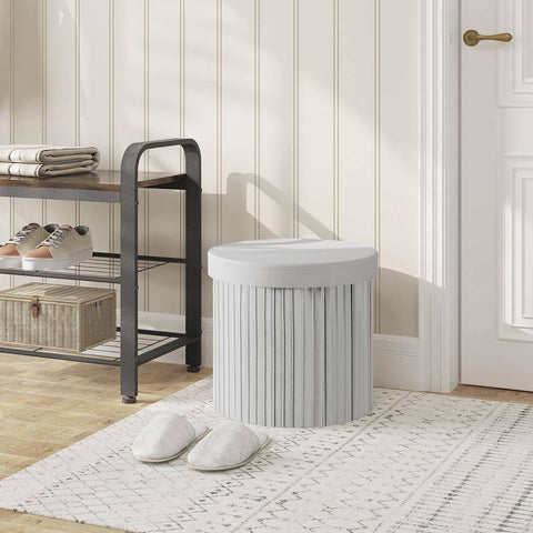 Rootz Round Velvet Storage Stool - Pouf Ottoman - Cream/Grey - Hidden Storage - Soft Padding - 38cm x 36cm - Elegant Ruffle Design