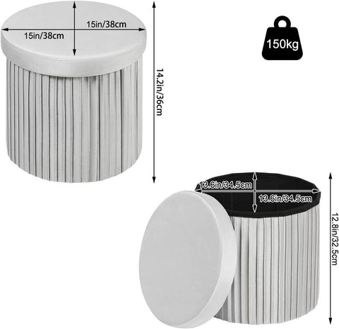 Rootz Round Velvet Storage Stool - Pouf Ottoman - Cream/Grey - Hidden Storage - Soft Padding - 38cm x 36cm - Elegant Ruffle Design
