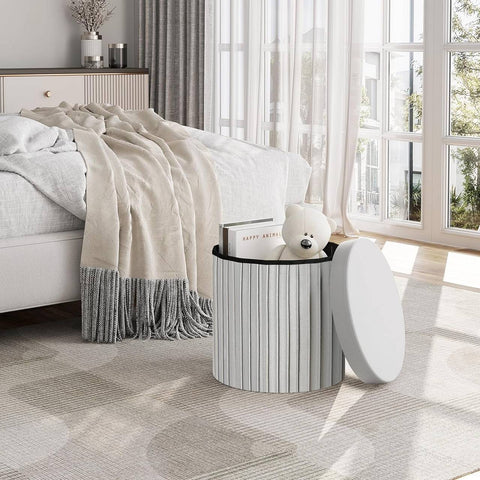 Rootz Round Velvet Storage Stool - Pouf Ottoman - Cream/Grey - Hidden Storage - Soft Padding - 38cm x 36cm - Elegant Ruffle Design