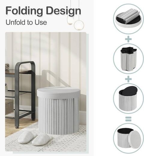 Rootz Round Velvet Storage Stool - Pouf Ottoman - Cream/Grey - Hidden Storage - Soft Padding - 38cm x 36cm - Elegant Ruffle Design