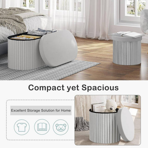 Rootz Round Velvet Storage Stool - Pouf Ottoman - Cream/Grey - Hidden Storage - Soft Padding - 38cm x 36cm - Elegant Ruffle Design