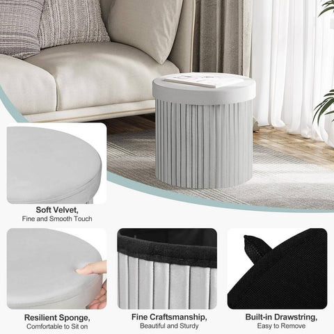 Rootz Round Velvet Storage Stool - Pouf Ottoman - Cream/Grey - Hidden Storage - Soft Padding - 38cm x 36cm - Elegant Ruffle Design