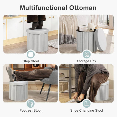 Rootz Round Velvet Storage Stool - Pouf Ottoman - Cream/Grey - Hidden Storage - Soft Padding - 38cm x 36cm - Elegant Ruffle Design