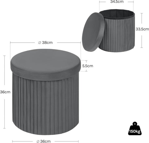 Rootz Velvet Seat Stool - Ottoman - Footrest - Hidden Storage - 38cm x 36cm - Grey - Organize with Style