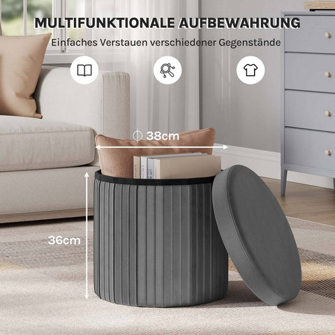 Rootz Velvet Seat Stool - Ottoman - Footrest - Hidden Storage - 38cm x 36cm - Grey - Organize with Style