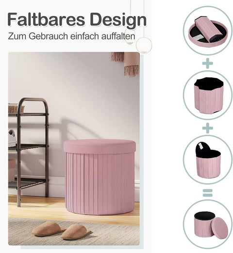Rootz Pink Velvet Seat Stool - Ottoman - Footrest - Storage Solution - Foldable Design - 38cm x 36cm