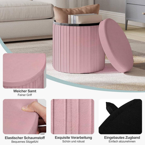 Rootz Pink Velvet Seat Stool - Ottoman - Footrest - Storage Solution - Foldable Design - 38cm x 36cm