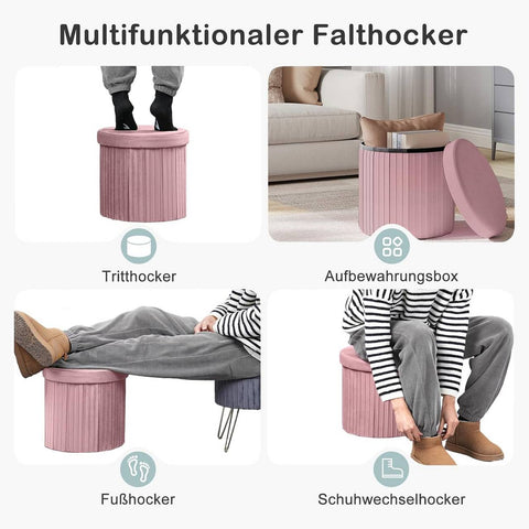 Rootz Pink Velvet Seat Stool - Ottoman - Footrest - Storage Solution - Foldable Design - 38cm x 36cm