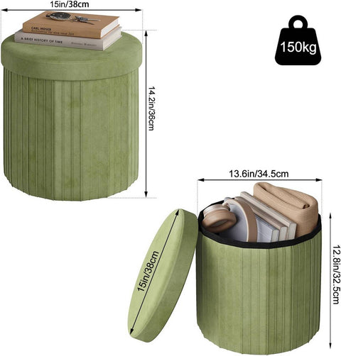 Rootz 2-in-1 Velvet Storage Seat Stool - Ottoman - Footstool - Hidden Storage - 38 x 36 cm - Green