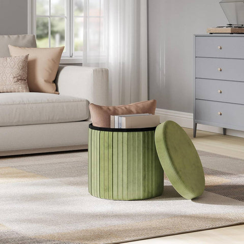 Rootz 2-in-1 Velvet Storage Seat Stool - Ottoman - Footstool - Hidden Storage - 38 x 36 cm - Green
