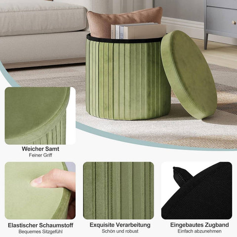Rootz 2-in-1 Velvet Storage Seat Stool - Ottoman - Footstool - Hidden Storage - 38 x 36 cm - Green