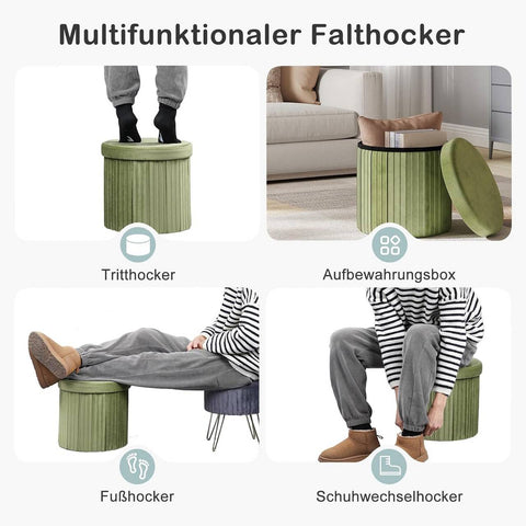 Rootz 2-in-1 Velvet Storage Seat Stool - Ottoman - Footstool - Hidden Storage - 38 x 36 cm - Green