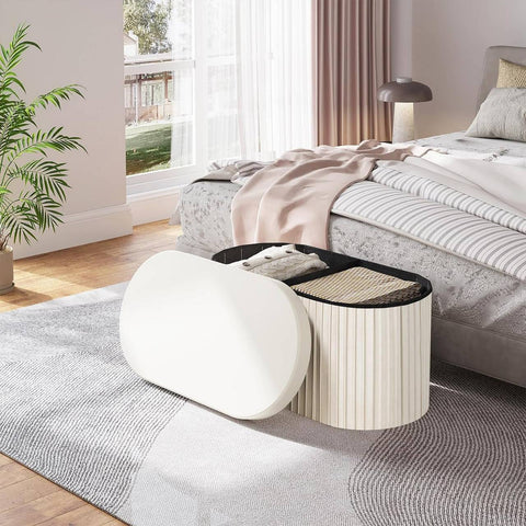 Rootz Velvet Storage Bench - Ottoman Bench - Large Footstool - Skin-Friendly - 76L Capacity - Cream - 76cm x 38cm x 38cm