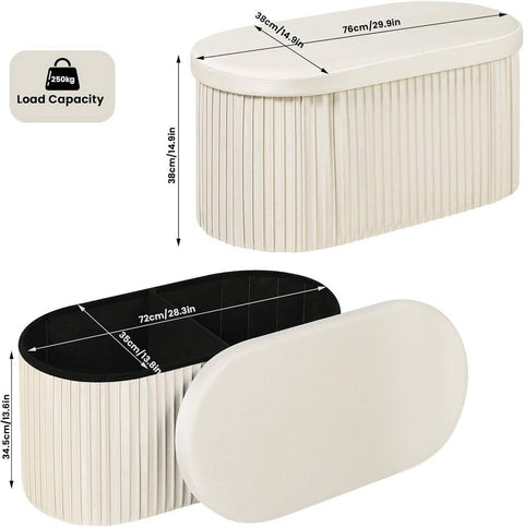 Rootz Velvet Storage Bench - Ottoman Bench - Large Footstool - Skin-Friendly - 76L Capacity - Cream - 76cm x 38cm x 38cm