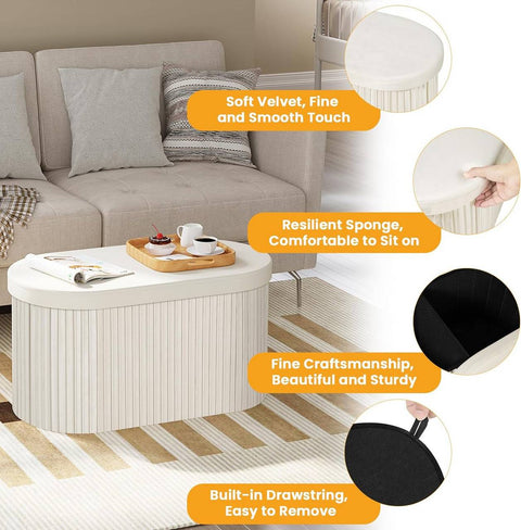 Rootz Velvet Storage Bench - Ottoman Bench - Large Footstool - Skin-Friendly - 76L Capacity - Cream - 76cm x 38cm x 38cm