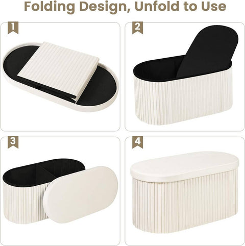 Rootz Velvet Storage Bench - Ottoman Bench - Large Footstool - Skin-Friendly - 76L Capacity - Cream - 76cm x 38cm x 38cm