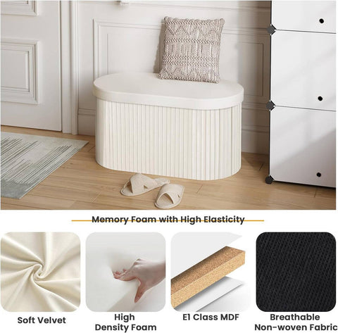 Rootz Velvet Storage Bench - Ottoman Bench - Large Footstool - Skin-Friendly - 76L Capacity - Cream - 76cm x 38cm x 38cm