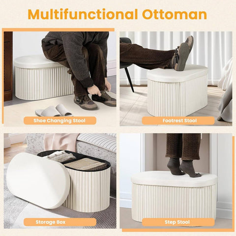 Rootz Velvet Storage Bench - Ottoman Bench - Large Footstool - Skin-Friendly - 76L Capacity - Cream - 76cm x 38cm x 38cm