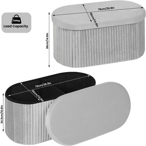Rootz Velvet Seat Stool - Storage Ottoman - Foldable Furniture - 76L Capacity - 76x38x38cm Grey