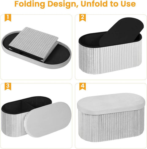 Rootz Velvet Seat Stool - Storage Ottoman - Foldable Furniture - 76L Capacity - 76x38x38cm Grey