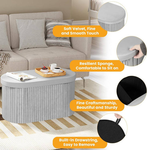 Rootz Velvet Seat Stool - Storage Ottoman - Foldable Furniture - 76L Capacity - 76x38x38cm Grey