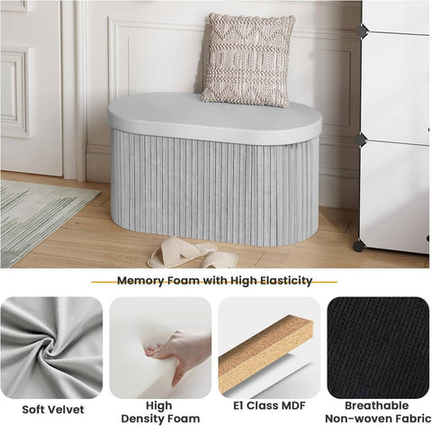 Rootz Velvet Seat Stool - Storage Ottoman - Foldable Furniture - 76L Capacity - 76x38x38cm Grey