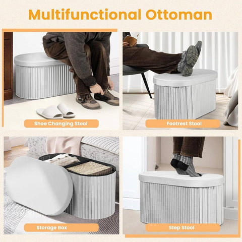 Rootz Velvet Seat Stool - Storage Ottoman - Foldable Furniture - 76L Capacity - 76x38x38cm Grey