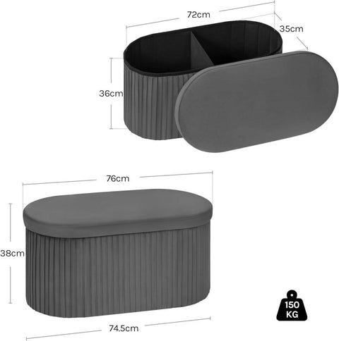Rootz Velvet Foldable Storage Stool - Ottoman - Seat Chest - Comfortable Foam - 76x38x38 cm, Grey