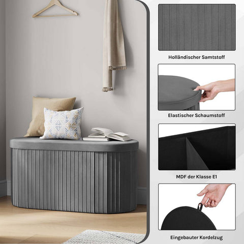 Rootz Velvet Foldable Storage Stool - Ottoman - Seat Chest - Comfortable Foam - 76x38x38 cm, Grey