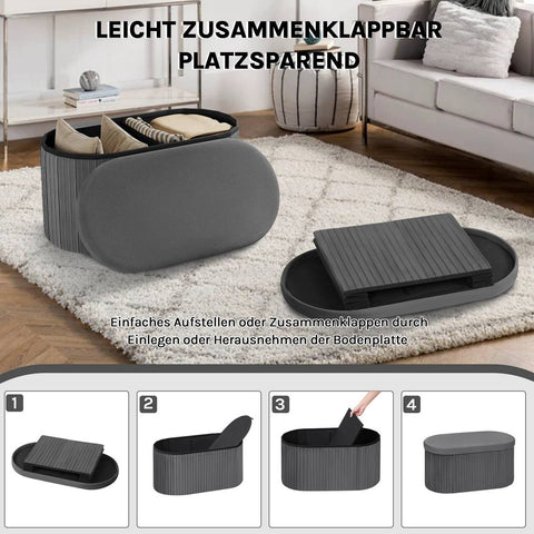 Rootz Velvet Foldable Storage Stool - Ottoman - Seat Chest - Comfortable Foam - 76x38x38 cm, Grey