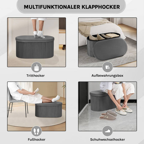 Rootz Velvet Foldable Storage Stool - Ottoman - Seat Chest - Comfortable Foam - 76x38x38 cm, Grey
