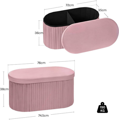 Rootz Foldable Seat Stool - Velvet Ottoman - Storage Bench - Large Storage 76L - 76x38x38cm Pink - Comfortable Seating Solution