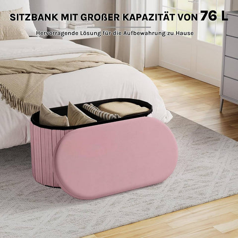 Rootz Foldable Seat Stool - Velvet Ottoman - Storage Bench - Large Storage 76L - 76x38x38cm Pink - Comfortable Seating Solution