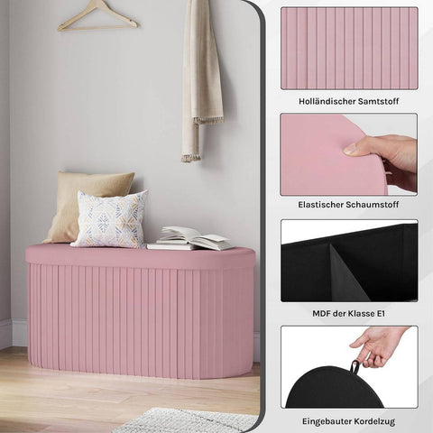 Rootz Foldable Seat Stool - Velvet Ottoman - Storage Bench - Large Storage 76L - 76x38x38cm Pink - Comfortable Seating Solution