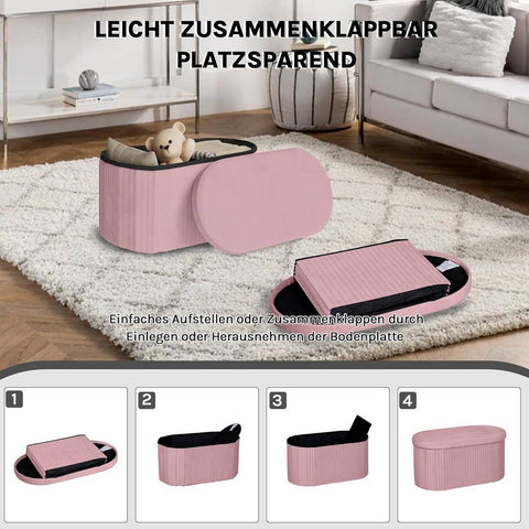 Rootz Foldable Seat Stool - Velvet Ottoman - Storage Bench - Large Storage 76L - 76x38x38cm Pink - Comfortable Seating Solution