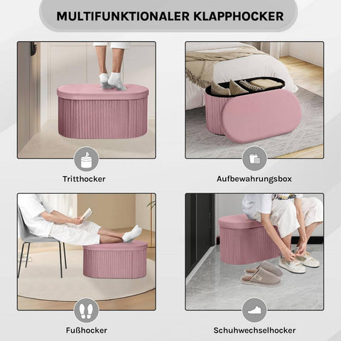 Rootz Foldable Seat Stool - Velvet Ottoman - Storage Bench - Large Storage 76L - 76x38x38cm Pink - Comfortable Seating Solution
