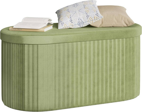 Rootz Seat Stool with Lid Storage - Velvet Ottoman - Foldable Footrest - Elegant Design - 76x38x38cm Green