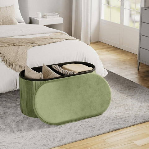 Rootz Seat Stool with Lid Storage - Velvet Ottoman - Foldable Footrest - Elegant Design - 76x38x38cm Green