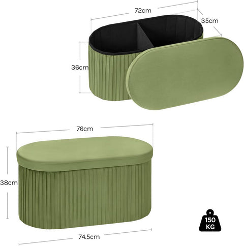 Rootz Seat Stool with Lid Storage - Velvet Ottoman - Foldable Footrest - Elegant Design - 76x38x38cm Green