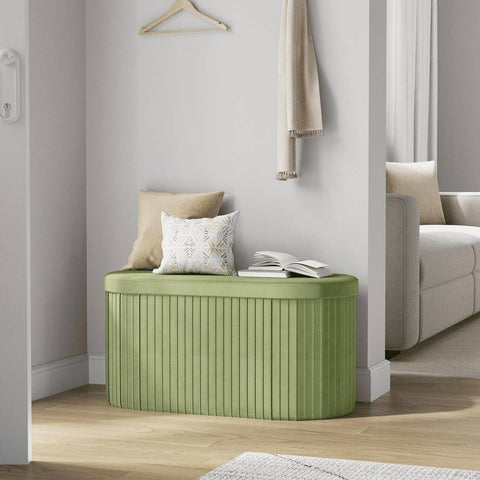 Rootz Seat Stool with Lid Storage - Velvet Ottoman - Foldable Footrest - Elegant Design - 76x38x38cm Green